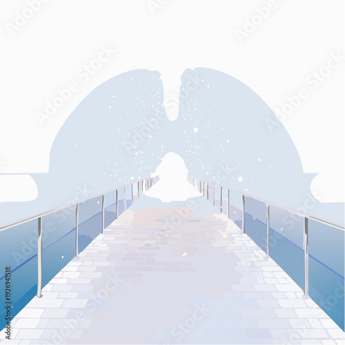 Snowy bridge leading to a bright, ethereal gateway under a clear, winter sky