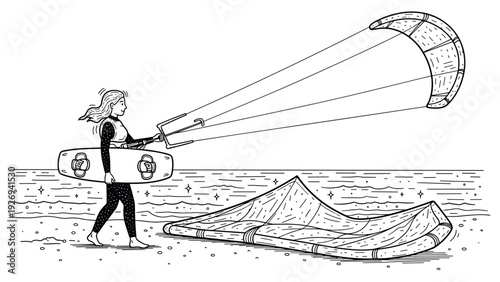 woman holding kiteboard and controlling kite hand drawn line art illustration on the beach