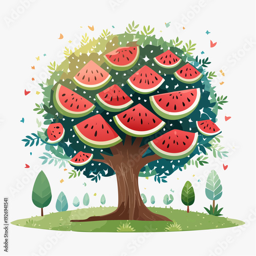 Vibrant Cartoon Watermelon Tree Illustration Bearing Juicy Slices in a Lush Green Landscape