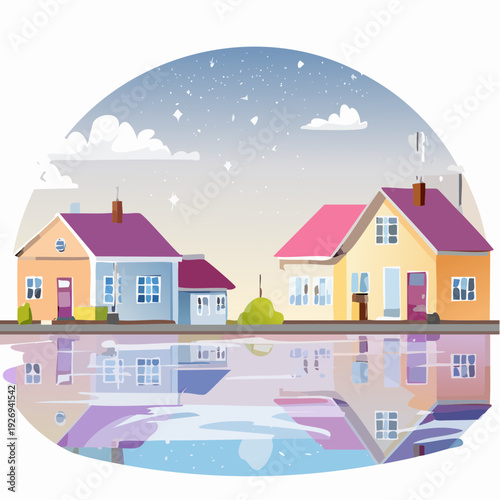 Vibrant Evening Reflections of Charming Houses in a Tranquil Riverside Community