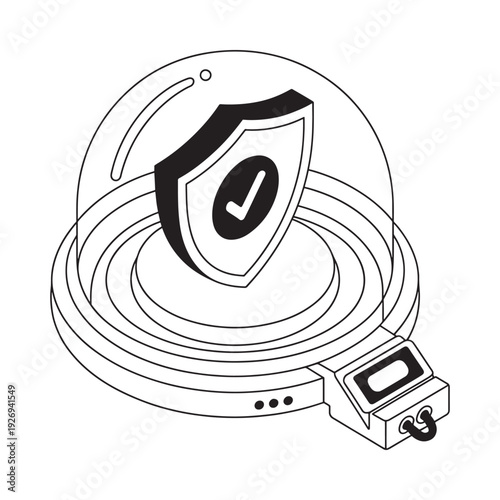 Isometric illustration depicting a shield inside a transparent dome for security
