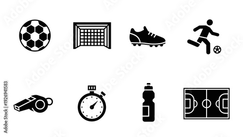 set of soccer icons with ball goal shoe player whistle stopwatch water bottle and field in black silhouette style