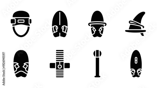 set of surfboarding equipment and accessories black silhouette icons