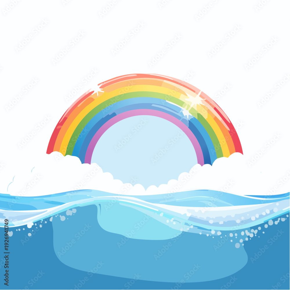 Fototapeta premium A vibrant cartoon rainbow arc with sparkles over fluffy clouds and blue sea water