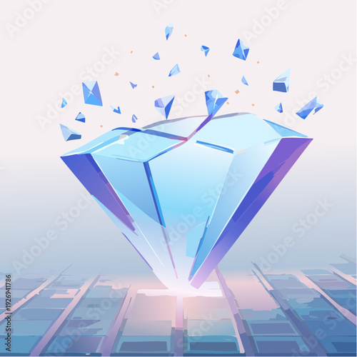 Conceptual illustration of a precious blue diamond exploding over a glowing futuristic grid