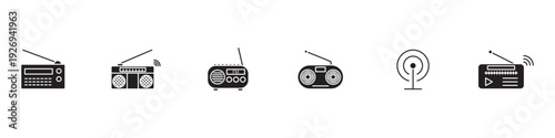 Wireless Radio Receiver and Broadcast Device Vector Set with Outline and Filled Styles for FM Audio Communication Collection