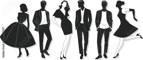 Fashion people silhouette illustration set, stylish men and women outfits, black and white vector characters, modern lifestyle design, concept, collection