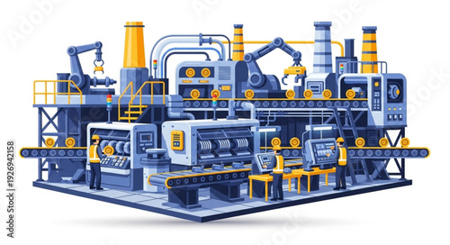Complex industrial factory with robotic arms and conveyor belts in operation.