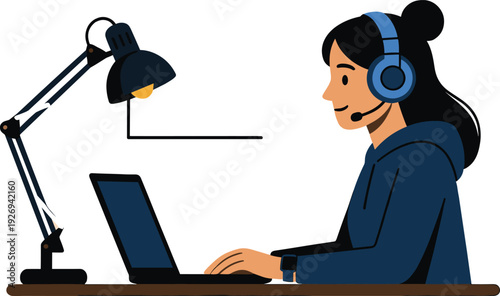 Customer support agent working on laptop with headset, online call center operator at desk, modern remote work vector illustration
