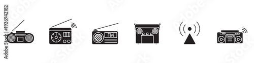 Wireless Radio Receiver and Broadcast Device Vector Set with Outline and Filled Styles for FM Audio Communication Collection