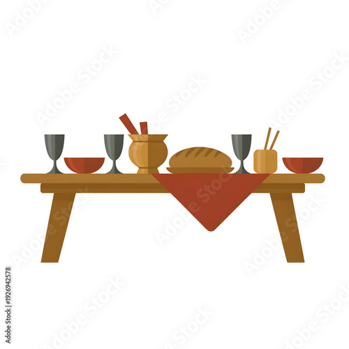 A flat illustration of a dinner table with set food. The table has red tablecloth and other set of food, like bread, cup and bowl. Medieval feast table setting.