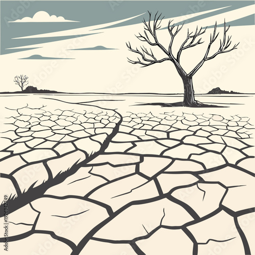 Desolate Vector Illustration of a Parched Earth Landscape with Deeply Cracked Soil and a Solitary Bare Tree Under a Pale Sky, Symbolizing Drought and Climate Change.