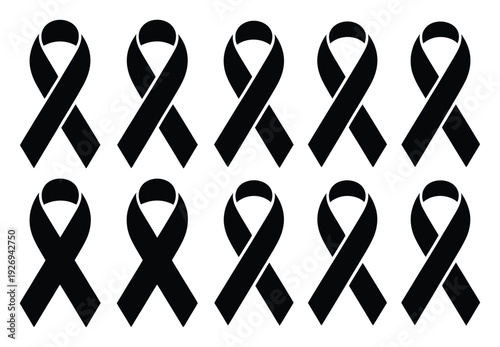 Ten Black Ribbons Arranged in Two Rows on a White Background