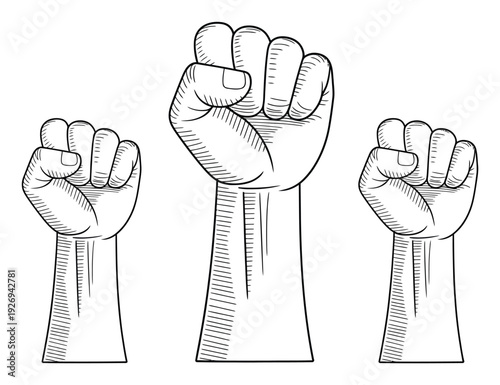 Three Fists Raised in Solidarity and Protest, Black and White Illustration