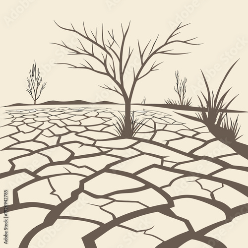 Minimalist Vector Illustration of a Deserted Landscape with Cracked Earth and a Single Bare Tree, Accompanied by Sparse Dry Grass, Conveying Extreme Aridity.