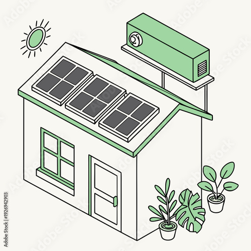 Isometric Line Art Illustration of an Eco-Friendly House with Rooftop Solar Panels and an Outdoor HVAC Unit, representing Sustainable Green Home Energy.
