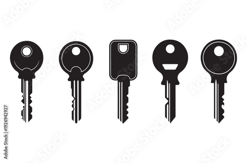 Key icon set. black silhouettes of different door keys. household key, car key, security key. vector illustration