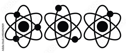 Three stylized atomic models with orbiting electrons on a white background