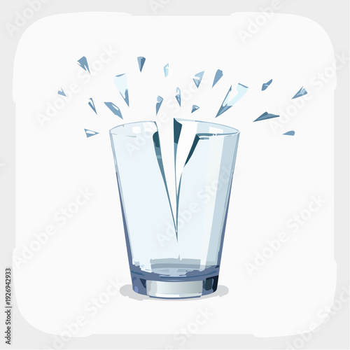 A clear drinking glass dramatically shatters into many sharp fragments, illustrating vulnerability and sudden breakage