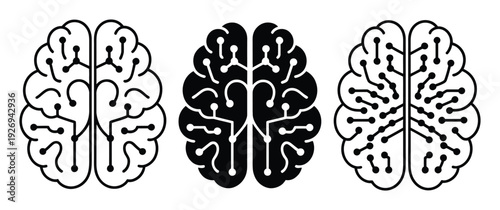 Three stylized brains with circuit board patterns, representing AI and technology