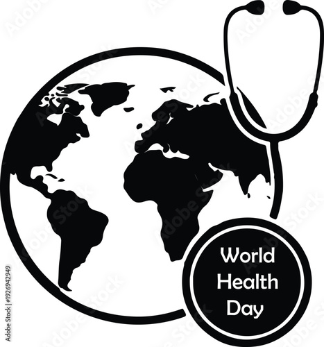 World Health Day vector with globe, stethoscope, and circular global medical awareness design