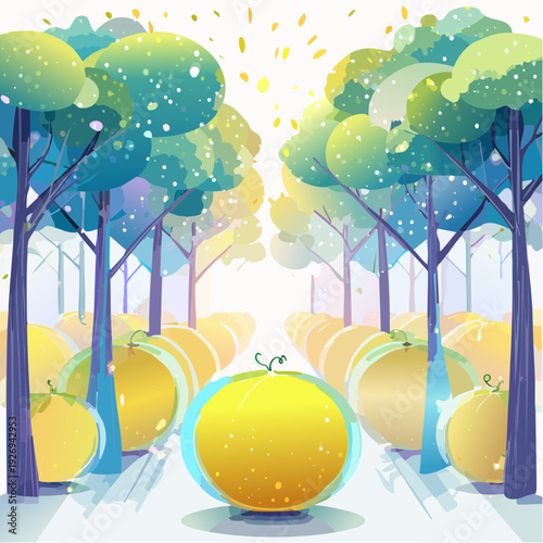 Whimsical Orchard Scene with Glowing Golden Melons and Sunlight