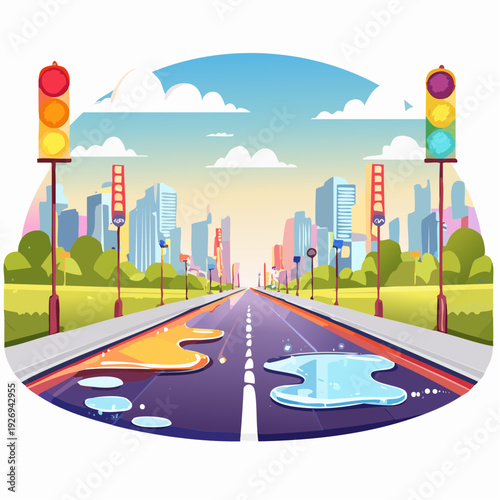 City street with traffic lights and puddles after rain under a cloudy sky