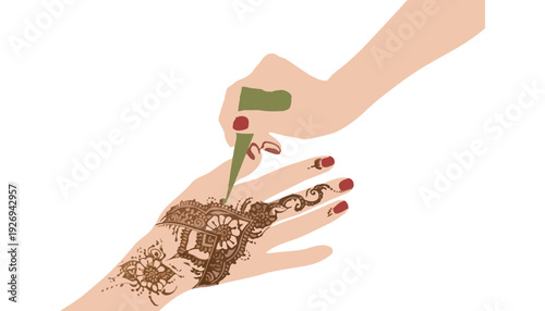 A hand is being decorated with henna paste from a cone.