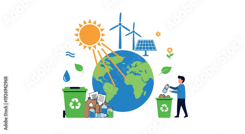 Illustration of global sustainability showing earth, recycling, renewable energy, and people protecting the environment together