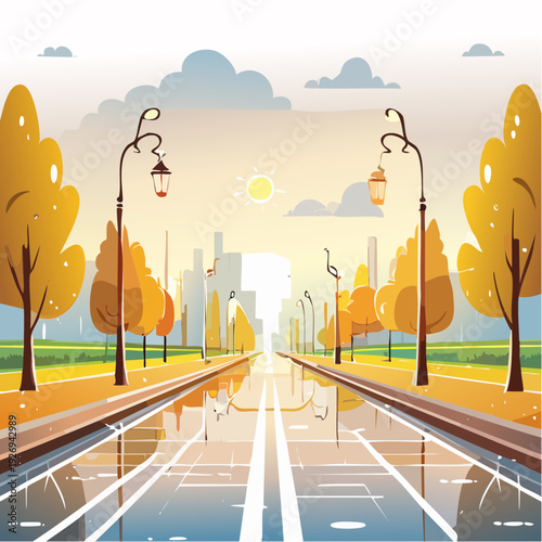 Autumnal Avenue Reflections A Serene Cityscape with Lamp Posts and Golden Trees