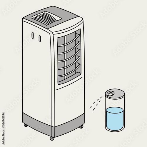 Isometric Illustration of a Portable Air Conditioner Unit with a Visible Water Tank, Representing Cooling and Dehumidification Functions.