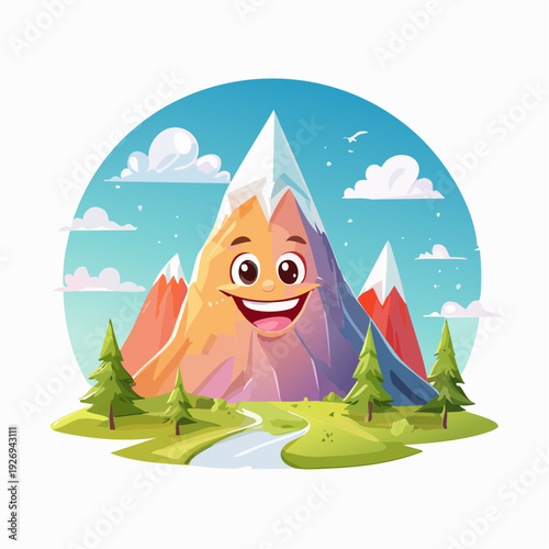 Cheerful cartoon mountain character with a happy smiling face in a vibrant summer landscape illustration