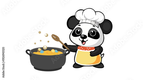 A cute black and white panda wearing a tall chef's hat, stirring a steaming pot of lentil soup with a large wooden spoon.