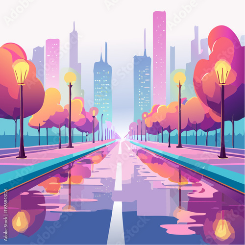 Dreamy urban landscape illustration with a glowing city skyline and reflections on a wet street