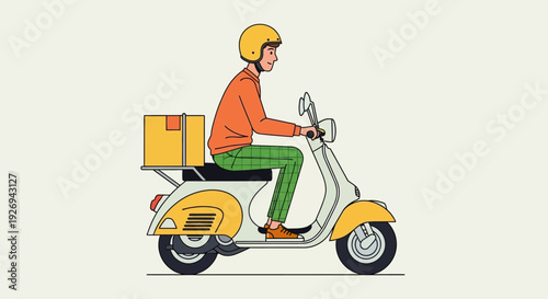 Delivery Courier Man Riding Scooter with Delivery Box Vector Illustration. Flat vector illustration of a delivery man wearing a helmet and orange uniform riding a vintage-style scooter.