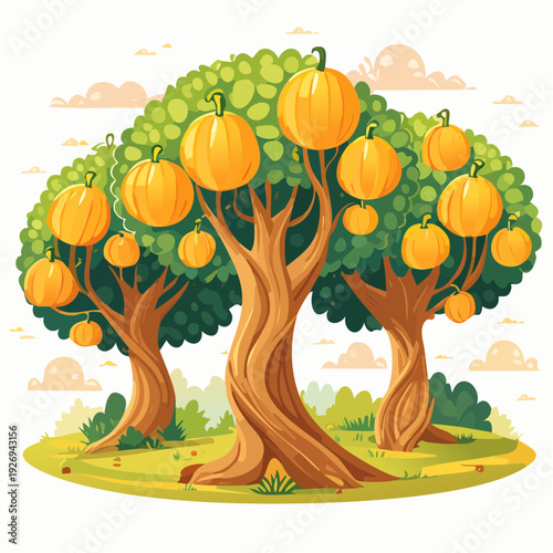 Whimsical cartoon illustration of fantasy trees with ripe pumpkins growing like fruit