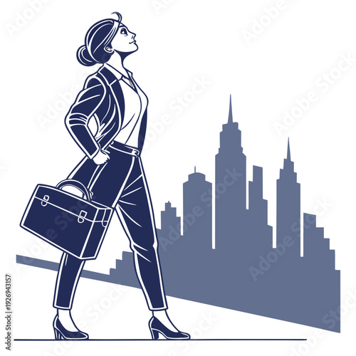 Empowered Businesswoman Walking with Confidence and Determination in an Urban Cityscape, Holding a Briefcase, Looking Up Towards Future Success, Vector Illustration