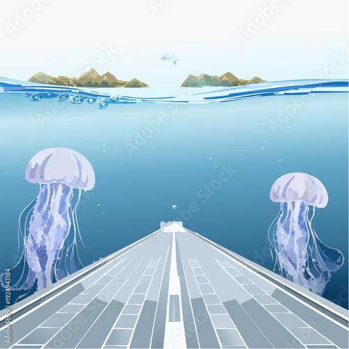 Underwater Road Leading to Islands with Jellyfish and Fish