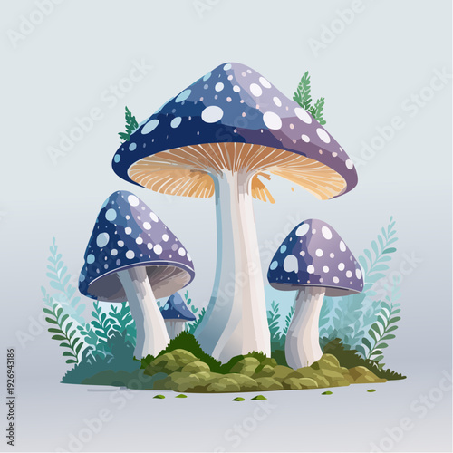 Whimsical illustration of magical blue spotted mushrooms growing in a fantasy forest glade