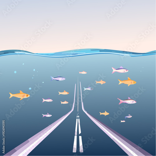 Surreal view of a flooded highway deep underwater with schools of fish swimming freely