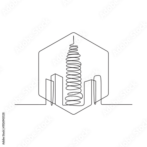 Minimalist one line drawing of a christmas tree inside a hexagon frame
