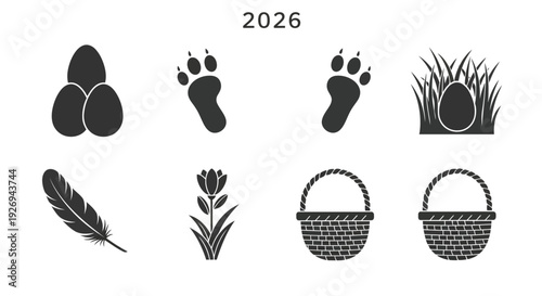 Set of black glyph icons depicting various Easter items including eggs, animal tracks, and baskets for.