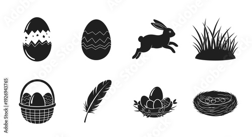 Collection of solid black silhouette icons featuring Easter symbols like a jumping rabbit and eggs in a.