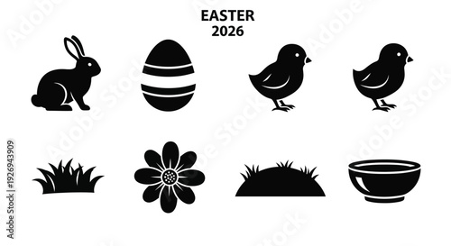 Collection of black Easter themed icons includes a bunny, egg, chick, flower, grass, and serving bowl.