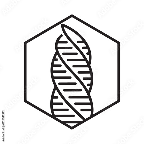 A stylized black and white illustration of a dna double helix within a hexagon
