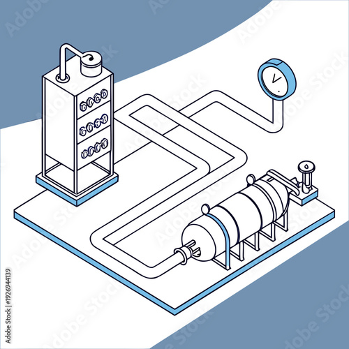 Isometric Line Art Illustration of Industrial Processing Plant with Storage Tanks, Piping, and Pressure Gauge