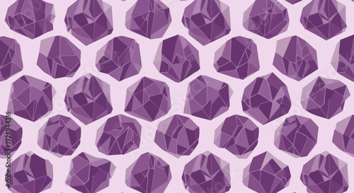Seamless pattern of purple geometric crystal shapes with sharp edges on a light pink background