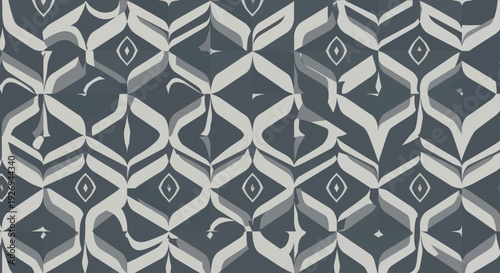 Geometric pattern with diamond shapes and flowing abstract elements in muted blues and grays.