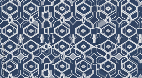 Geometric abstract pattern with interlocking hexagonal and diamond shapes on a dark blue background