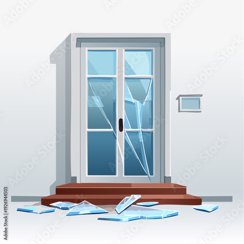 Shattered glass door with debris on steps illustrating an incident of property damage or security breach
